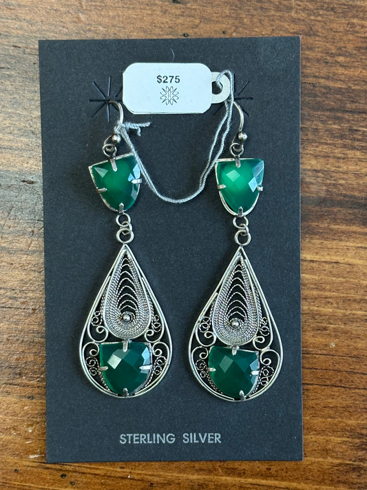 Green Onyx Filigree Earrings